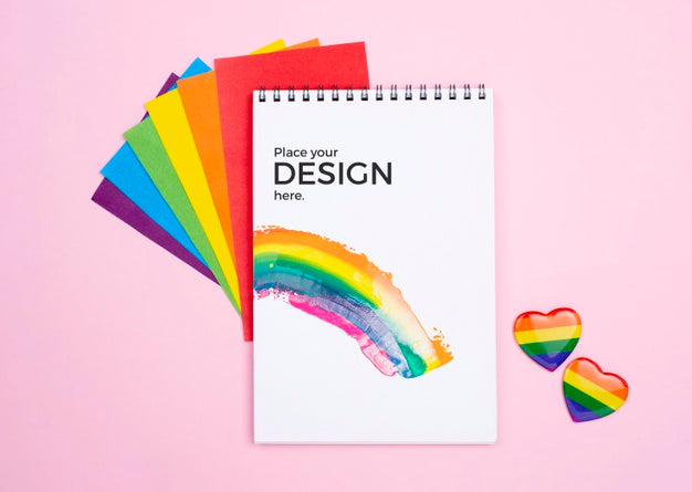 Top View Of Rainbow Hearts And Notebook Psd