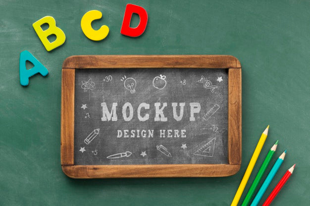 Top View Of School Essentials And Chalkboard For Education Day Psd