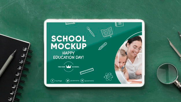 Top View Of School Essentials For Education Day With Tablet Psd