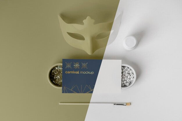 Top View Of Simplistic Carnival Invitation With Mask And Assortment Of Beads Psd