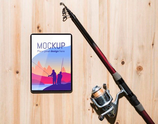 Top View Of Smartphone With Fishing Rod Psd