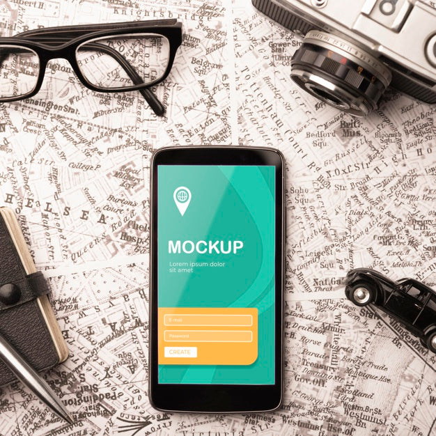 Top View Of Smartphone With Glasses And Camera For Traveling Psd