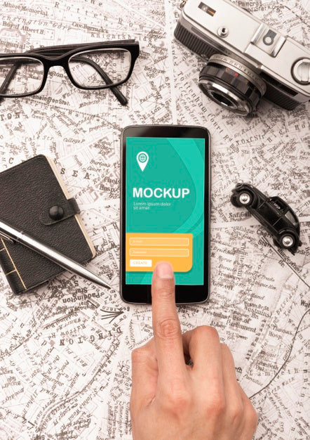 Top View Of Smartphone With Glasses And Wallet For Traveling Psd