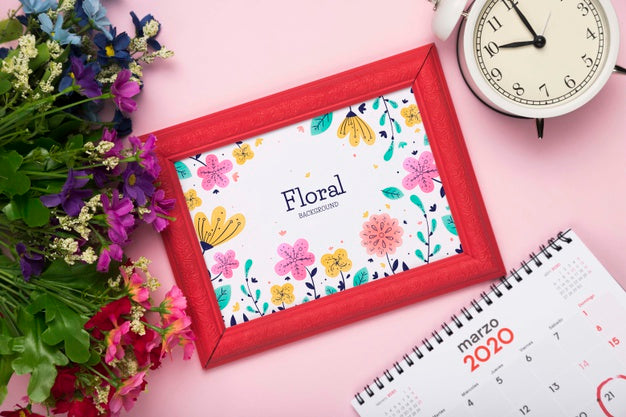 Top View Of Spring Flower With Calendar And Frame Psd