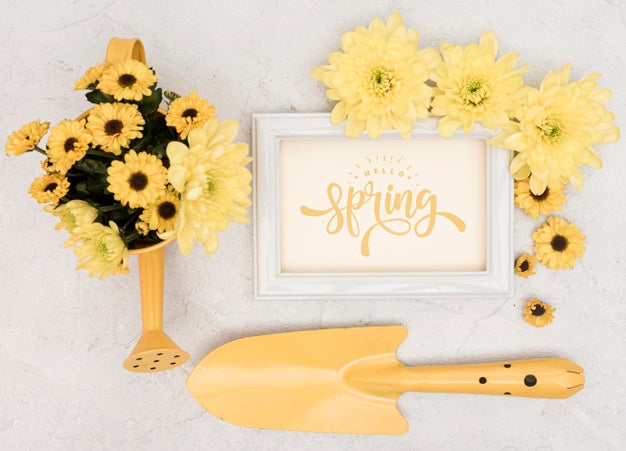 Top View Of Spring Gerbera With Frame And Trowel Psd