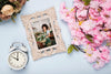 Top View Of Spring Peonies With Frame And Clock Psd