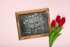 Top View Of Spring Tulips And Blackboard Psd