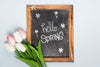Top View Of Spring Tulips With Blackboard Psd