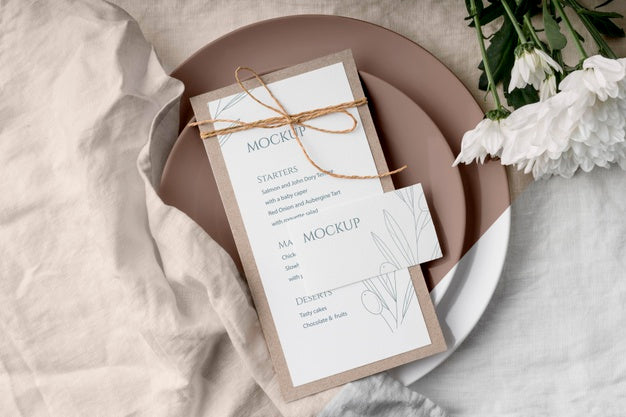 Top View Of Table Arrangement With Flowers And Spring Menu Mock-Up Psd