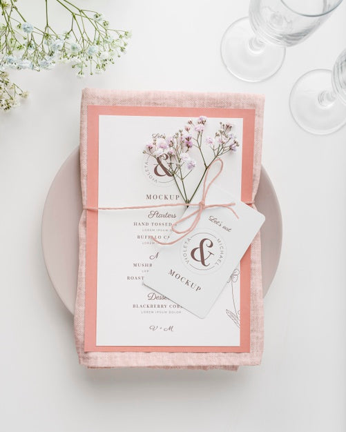 Top View Of Table Arrangement With Spring Menu Mock-Up And Flowers Psd