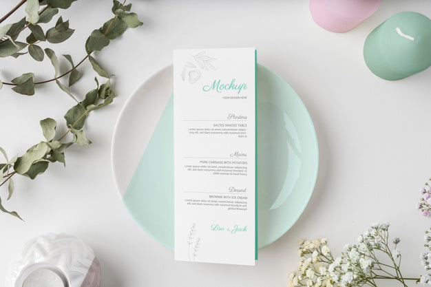 Top View Of Table Arrangement With Spring Menu Mock-Up Psd