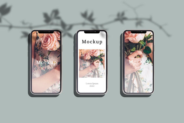 Top View Of Three Smartphones With Photos And Shadow Psd
