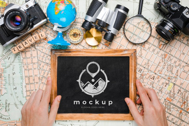 Top View Of Traveling Essentials With Frame Mock-Up Psd