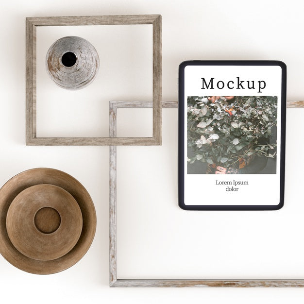 Top View Of Vase With Frame Decor And Bowl Psd