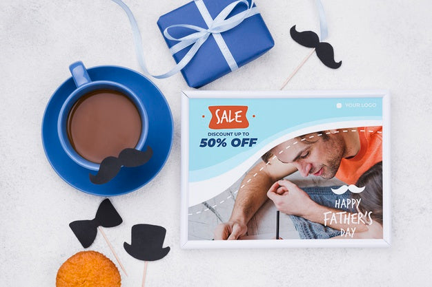 Top View Of Voucher With Coffee And Gift For Fathers Day Psd