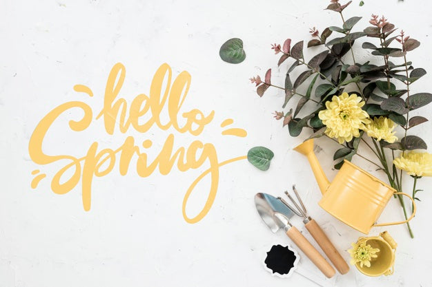 Top View Of Watering Can And Flowers For Spring Psd