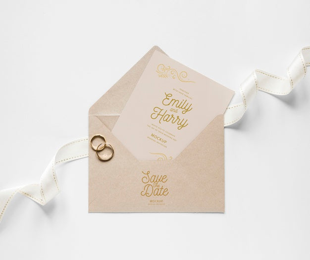 Top View Of Wedding Card With Envelope And Rings Psd