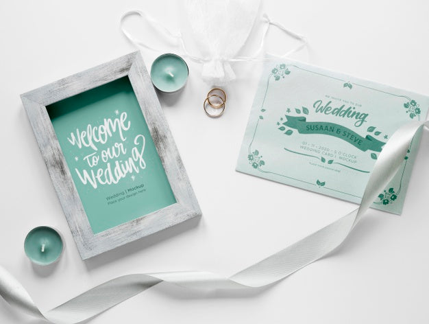 Top View Of Wedding Card With Frame And Ribbon Psd
