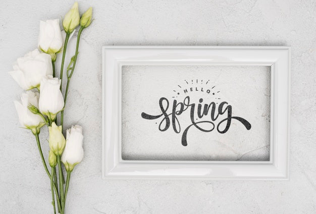 Top View Of White Spring Roses With Frame Psd