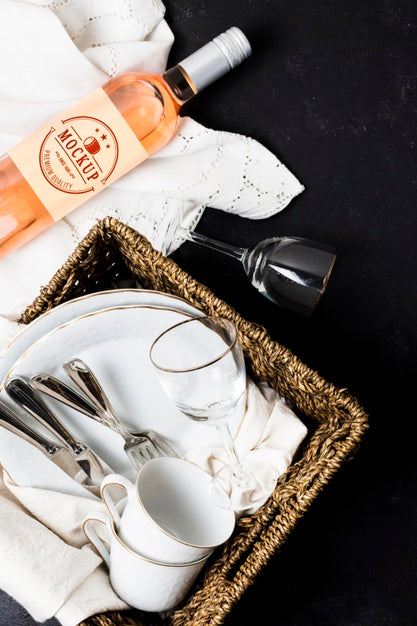 Top View Of Wine Bottle With Basket And Glasses For Picnic Psd