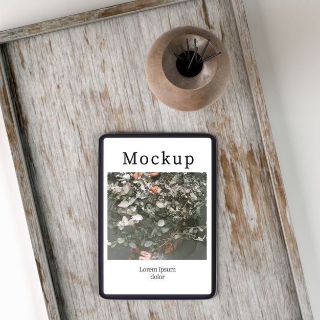 Top View Of Wooden Tray With Vase Psd