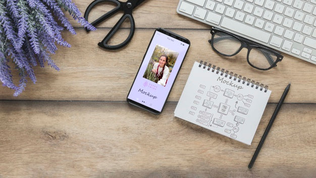 Top View Office Desk Concept With Mock-Up Psd