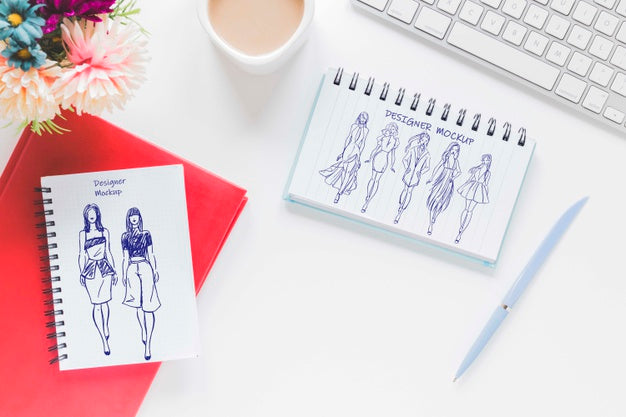 Top View Office Desk With Drawing And Coffee Psd