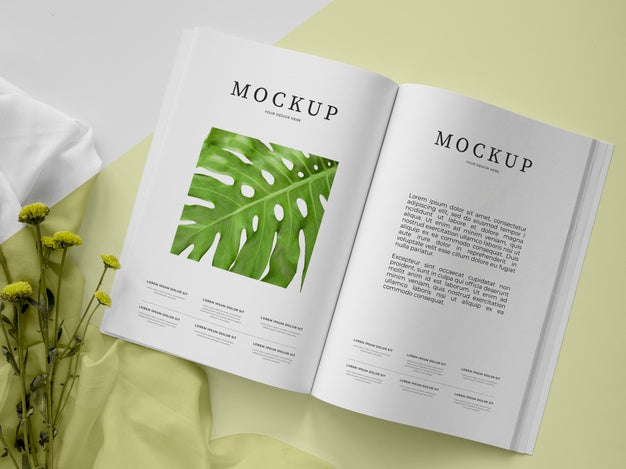 Top View Open Magazine And Plant Assortment Psd