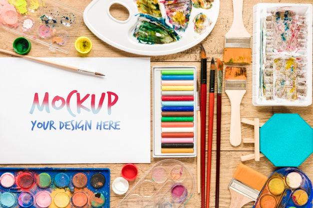 Top View Paint Brushes Collection With Mock-Up Psd