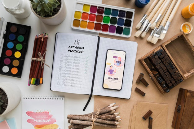 Top View Painting Artist Desk With Tools Psd