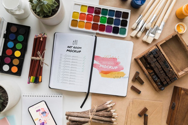 Top View Painting Artist Desk With Tools Psd