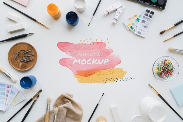 Top View Painting Artist Desk With Tools Psd