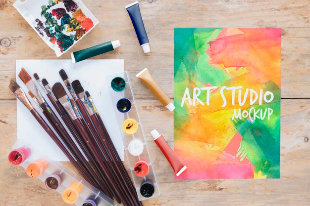 Top View Painting Watercolors And Brushes Psd