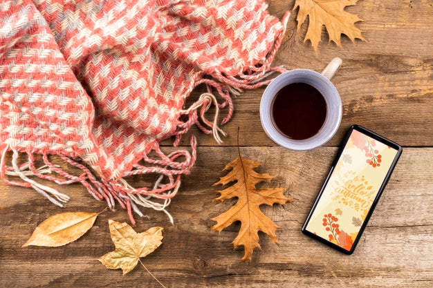 Top View Pashmina And Coffee Cup Arrangement Psd