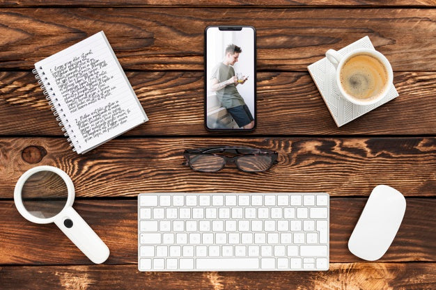 Top View Phone And Notebook Mock-Up With Keyboard Psd