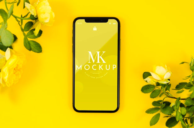 Top View Phone Mock-Up With Flowers Psd