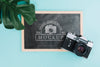 Top View Photo Camera With Blackboard Psd