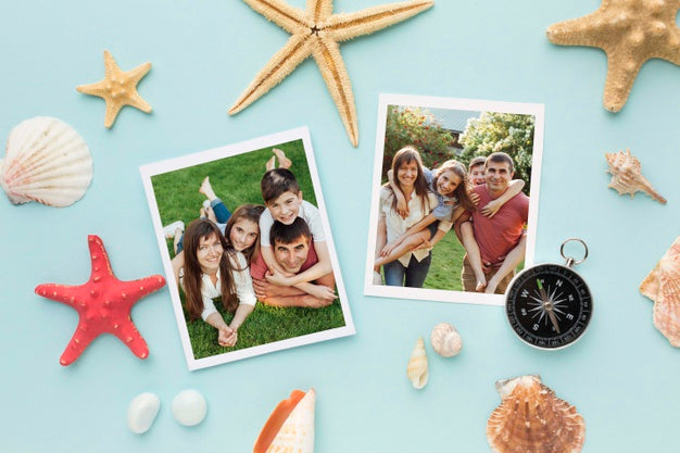 Top View Photos And Starfish Arrangement Psd