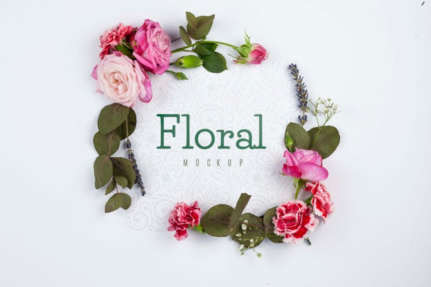 Top View Pink Roses Framing Mockup Psd