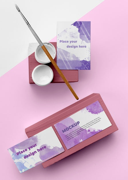 Top View Poster Mockup And Beush With Paint Psd