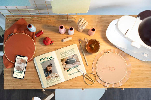 Top View Sewing Machine On Table Psd