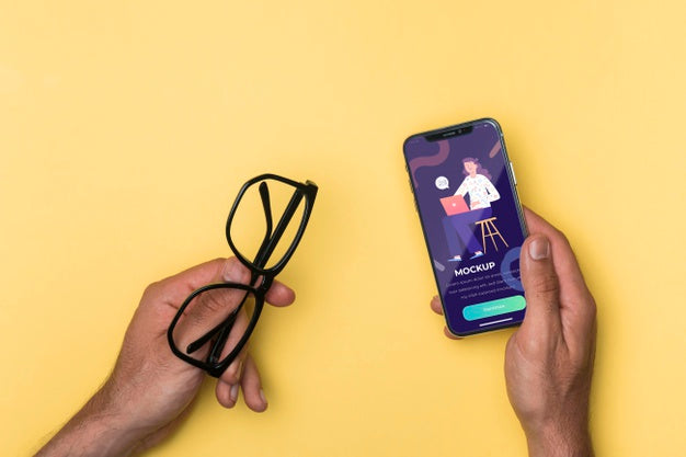 Top View Smartphone And Reading Glasses Mock-Up Psd