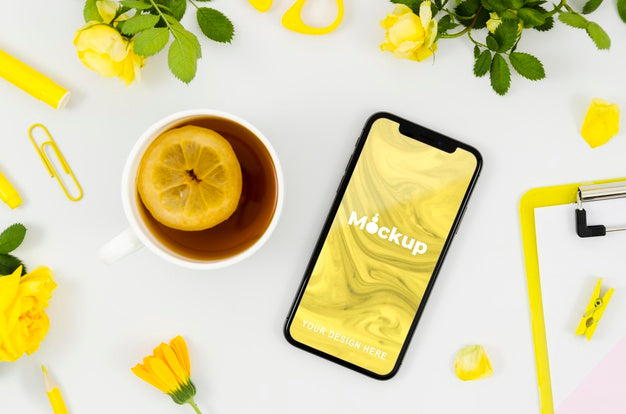 Top View Smartphone Mock-Up With Tea Psd