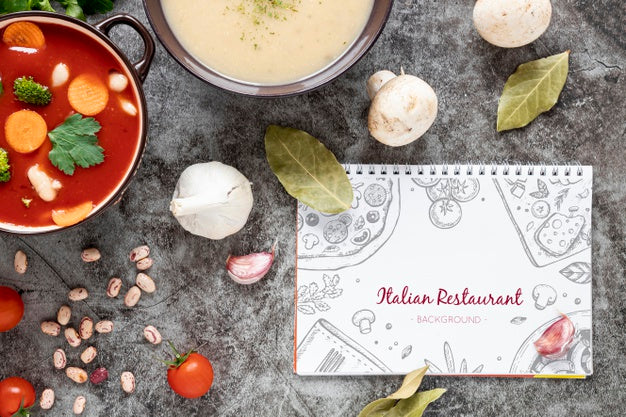 Top View Soup With Assortment Of Ingredients And Notepad Mock-Up Psd