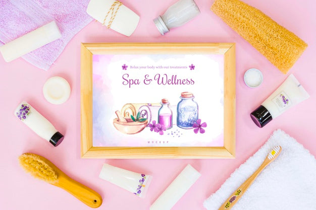 Top View Spa And Wellness Arrangement With Frame Mock-Up Psd