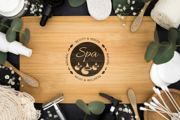 Top View Spa Center Mock-Up With Accessories And Leaves Psd