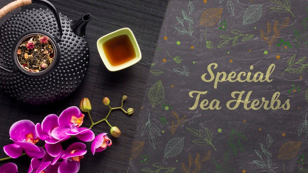 Top View Special Tea Herbs With Colorful Flowers Psd