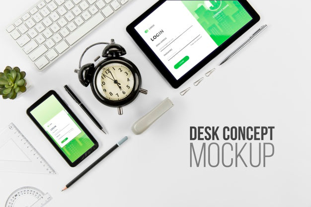 Top View Stationery Desk Concept With Mock-Up Psd