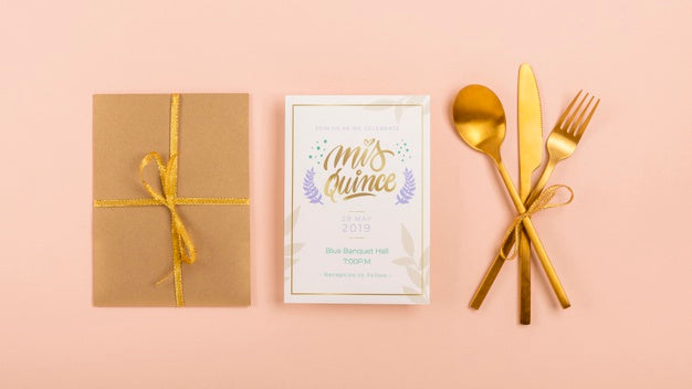 Top View Stationery Items For Sweet Fifteen Event Psd