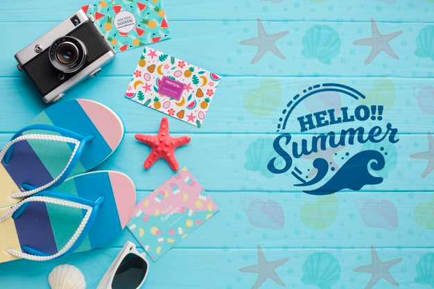 Top View Summer Flip Flops With Camera On The Table Psd